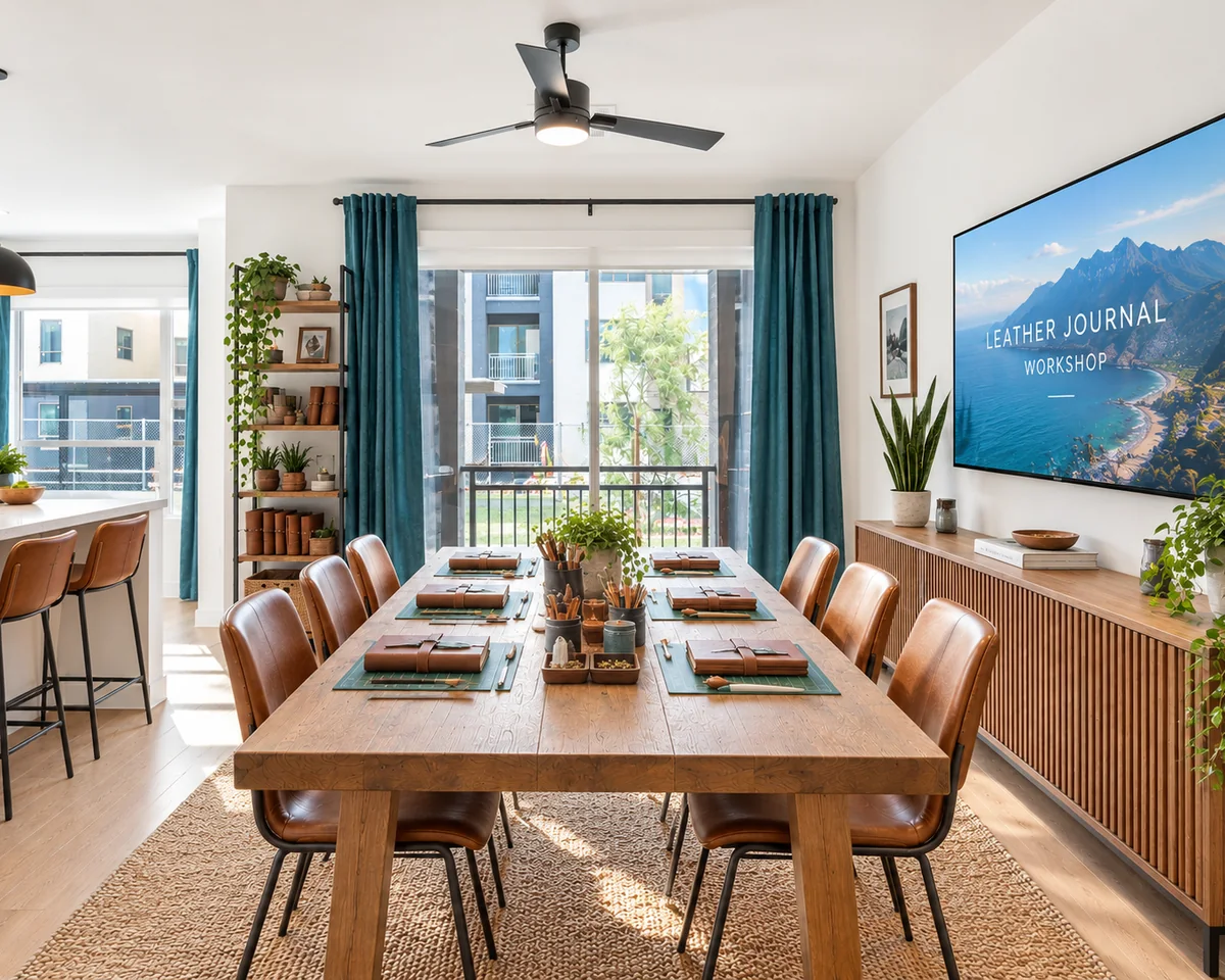 The Dear Mojave studio: a long wooden table set for a workshop with leather chairs, plants and big windows