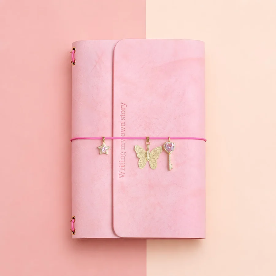Pink leather journal with star, butterfly and key charms