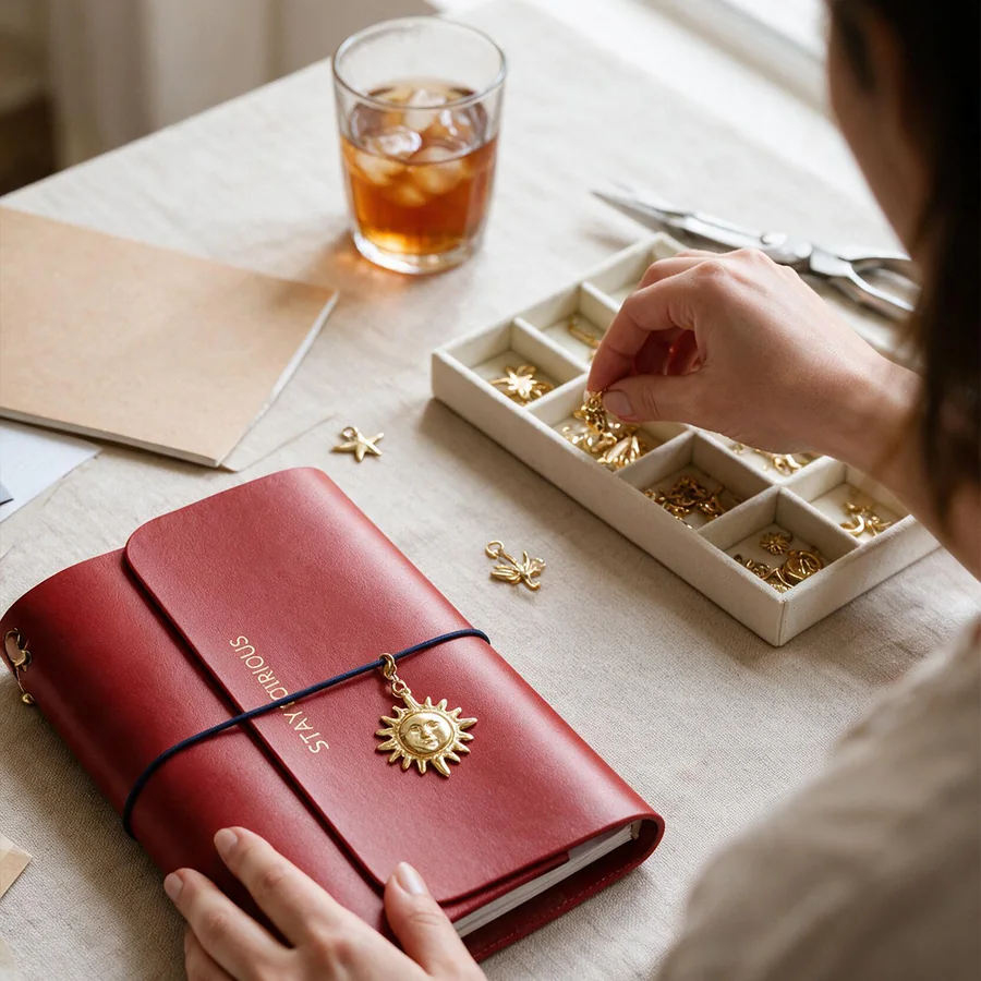 A guest picking gold charms from a tray next to a red leather journal and an iced tea